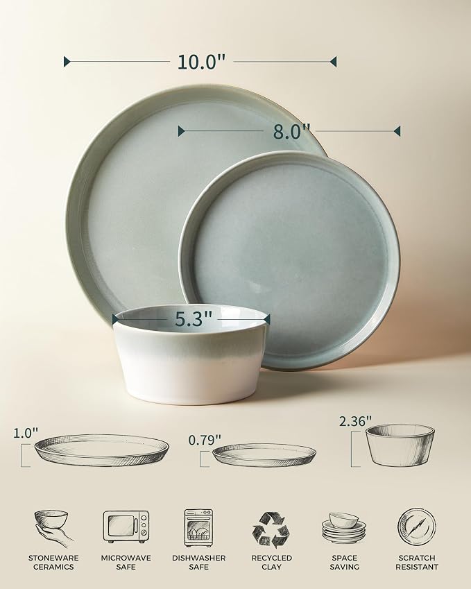 Pokini Dinnerware Sets for 4, Ceramic Plates and Bowls Set, Modern Artisan Dish Set, Microwave & Dishwasher Safe Dishware Set, Chip & Scratch Resistant Dinner Sets, Gradient Green