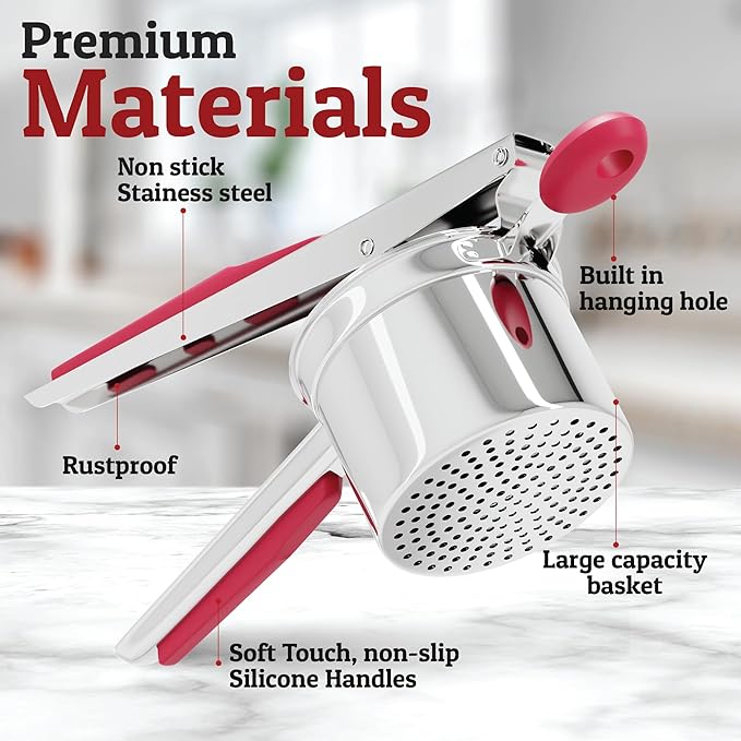 PriorityChef Large 15oz Potato Ricer With 3 Discs, Heavy Duty Stainless Steel Potato Ricer for Mashed Potatoes, Potato Masher, Press and Ricer Kitchen Tool, Red