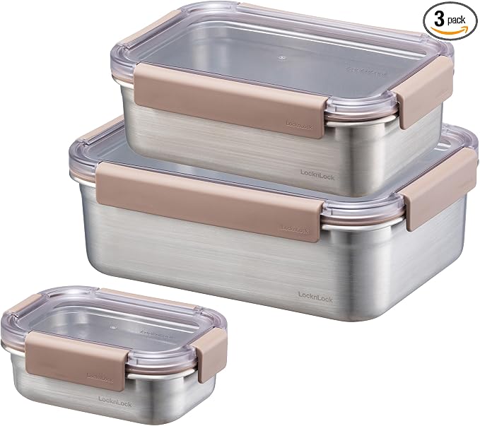 LocknLock Stainless Steel Food Storage Containers with Lids, Metal Lunch Boxes, Leak-Proof, Microwave, Freezer and Dishwasher Safe, 3-Piece Set, 1 x 310ml and 1 x 1000ml and 1 x 2000ml