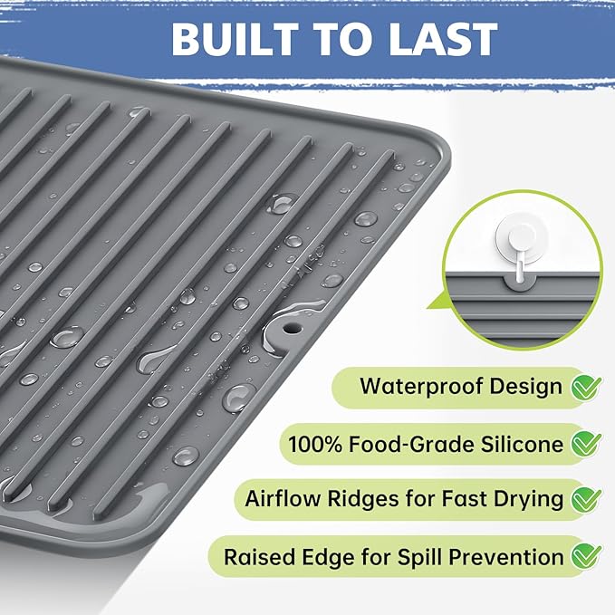 Songrey 18" x 16" Silicone Dish Drying Mat, Kitchen Counter Drying Pad for Sink Dishes or Under Rack, Multi-Use as Heat Resistant Trivet, Coffee Bar Mat
