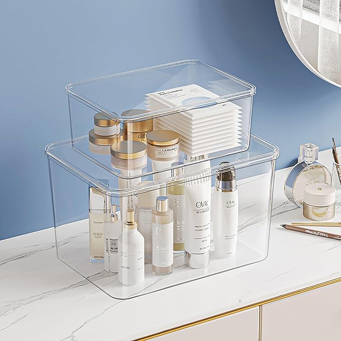 2 Large Lidded Plastic container, Clear Stackable Storage Boxes for Cabinets, Organization and Storage for Shelves Office Bathroom Kitchen (2Large)