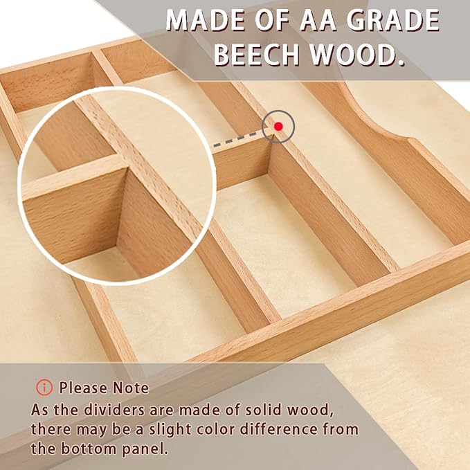 Silverware Drawer Organizer - Trim-to-Fit with Adjustable Dividers for Kitchen Utensil Storage, Beech Wood Frame with 11 Sizes (14.63" W x 22" D)