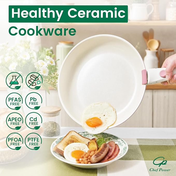 Chef Power Ceramic Cookware Set Non Toxic with Detachable Handles, Healthy Nonstick Decal Pans and Pots Set 14 Pcs, Induction Dishwasher Oven Safe Kitchen Set, White with Bougainvillea