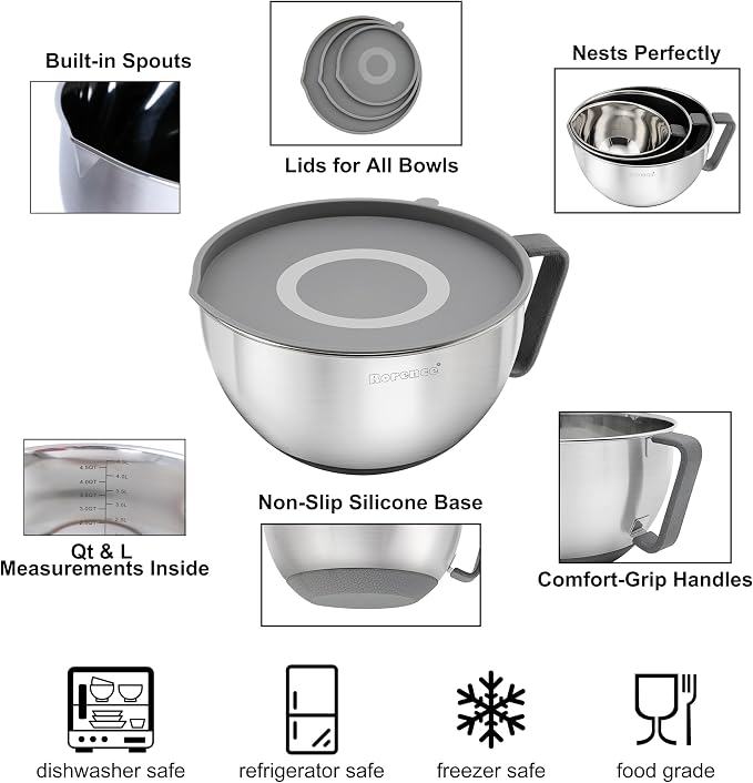 Rorence Mixing Bowls Set: Stainless Steel Non-Slip Bowls with Pour Spout, Handle and Lid - Set of 3 - Gray