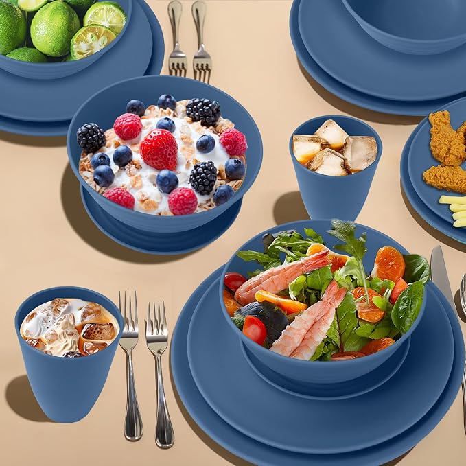 Wrova 40Pack plates and bowls sets for kids - Unbreakable wheat straw dinnerware sets service for 8 - Alternative plastic 40pcs dishes for kitchen, camping and indoors dinning - (Blue)
