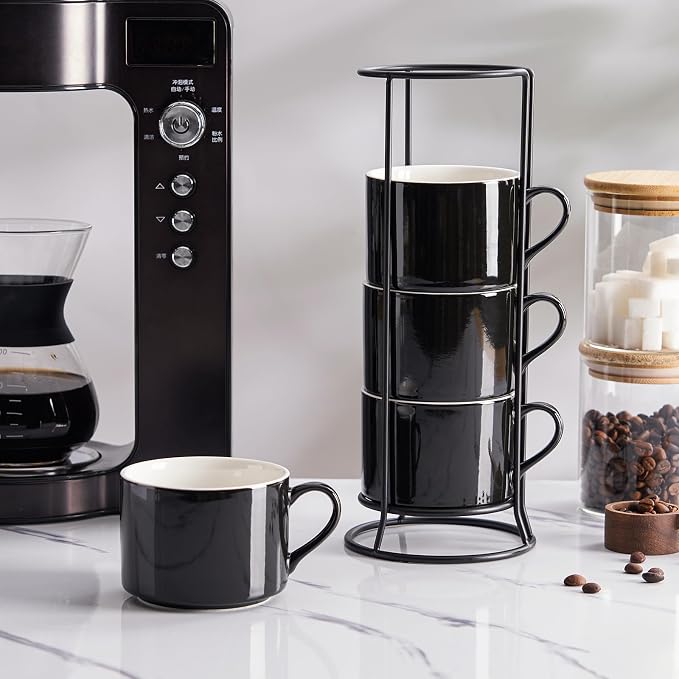10oz Porcelain Stackable Coffee Mugs and Metal Stand Set of 4, Espresso Cups Set for Hot Drinks, Cappuccino, Tea-Black
