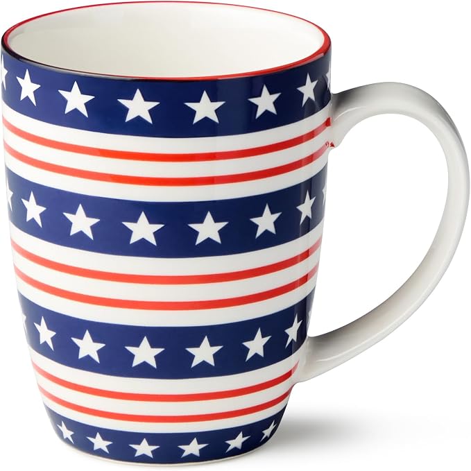 Patriotic Pad Print Porcelain MUGS SET of 6, 14 ounce red white and blue assorted star stripe and flag designs for coffee tea and festive everyday drinkware
