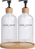 Clear Glass Soap and Lotion Dispenser Set with Tray by Brighter Barns - Hand Soap Dispenser Bathroom Set - Liquid Soap Dispenser and BPA-Free Pump - Neutral Home Decor & Modern Bathroom Accessories