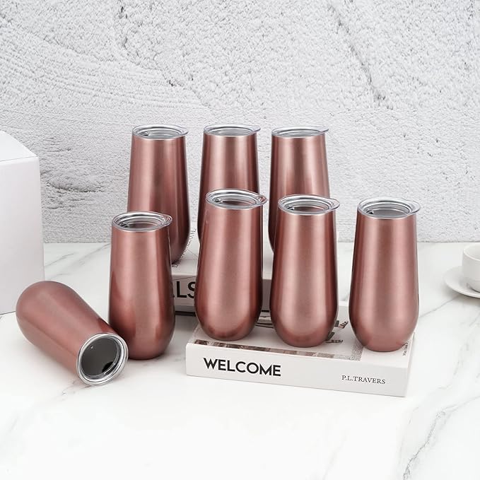 Lifecapido 8 Pack Insulated Champagne Tumblers, 12oz Champagne Flute Tumbler, Stainless Steel Stemless Champagne Glass, Unbreakable Cocktail Cups with Lid for Birthday Wedding Christmas (Rose Gold)
