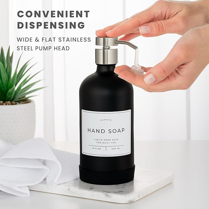 Hand and Dish Soap Dispenser for Kitchen and Bathroom, Set of 2 16 Oz Glass Bottles, Stainless Steel Pumps, Non-Slip Silicone Base, 27 Waterproof Labels (Matte Black Bottle/Brushed Silver Pump)