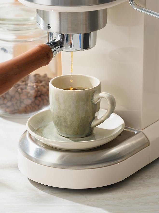 famiware Glacier Espresso Cups with Saucers Set of 4, 3oz Espresso Cup Set, Coffee Mug Set for Latte, Macchiato, Stoneware Demitasse Cups Set for Cafe, Microwave&Dishwasher Safe, Sage Green