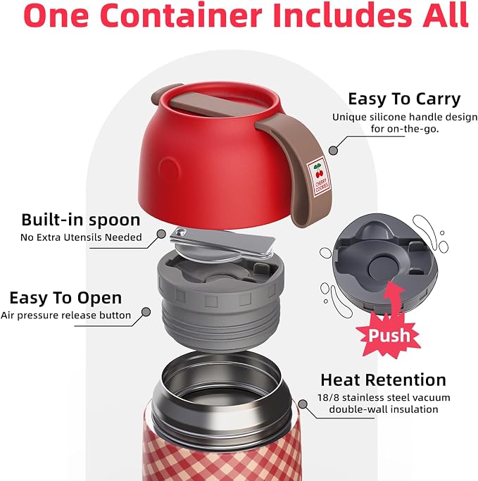 2 Pack Insulated Food Jar Set, 26oz & 18oz Stainless Steel Vacuum Insulated Soup Containers for Hot Food, Leak-Proof Thermal Food Jars with Spoons, Cute Stylish Design for School, Work & Travel (Red)