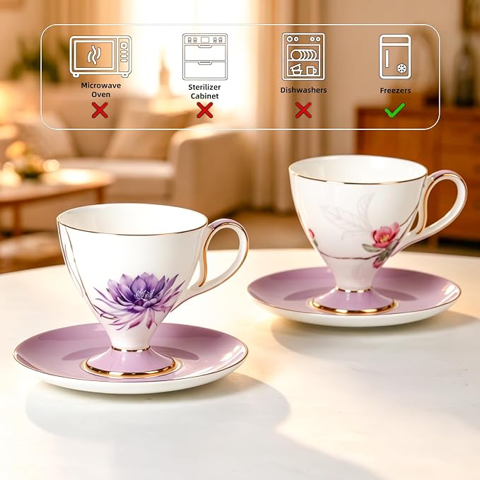 KAMMAK Ceramic Coffee Cups Saucers Set of 2, Porcelain Espresso Cup with Saucer, 8.45 oz Handmade Elegant Bone China Tea Cups, Purple Floral Demitasse Cup for Latte, Americano, Cappuccino