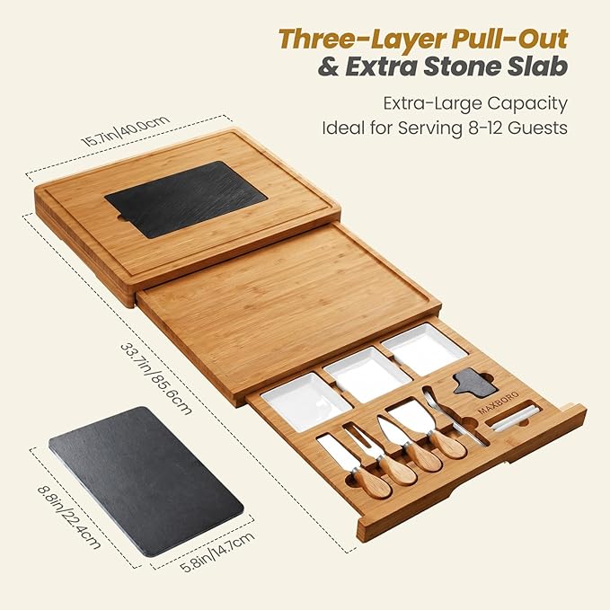 Extra Large 33.7x15.7 inch Charcuterie Boards Gift Set, 100% Bamboo Cheese Board and Knife Set, Cool Meat Cheese Platter Tray, House Warming Gifts New Home, Ideas for Women Mom, Carbonized Bamboo