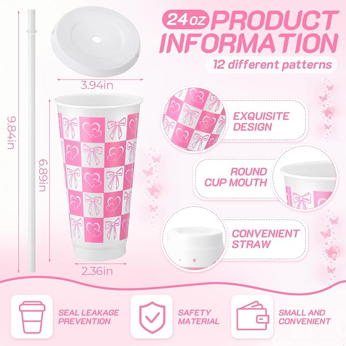 Feifeiya 72 Pcs/ 24 Set Pink Bow Gifts 24 oz Reusable Tumbler with Lids and Straws Cute Pens Notepads Set Coquette Plastic Cups Gift for Bachelorette Birthday Baby Shower Decoration Favors