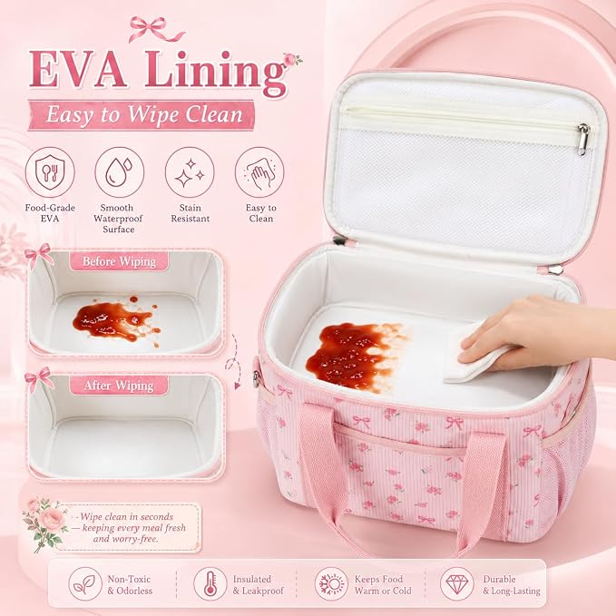 BTOOP Insulated Lunch Box for Women, Cute Corduroy Lunch Bag with Shoulder Strap, Leakproof Wide-Open Lunch Tote for Work, Office, School, Picnic Bow-Floral Pink-1