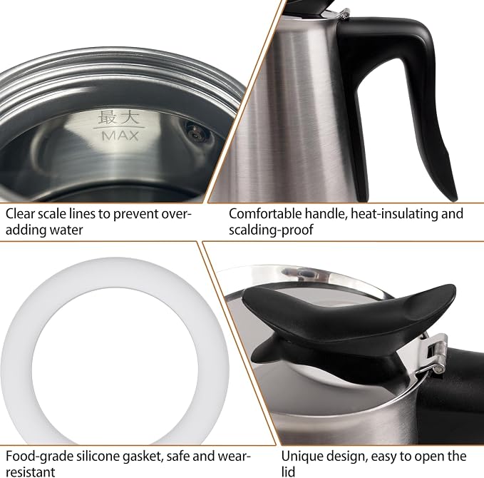 Electric Stainless Steel Moka Pot 6 Cup 300ml Mocha Pot Espresso Maker with Detachable Base Ideal Coffee Maker for Home Italian and Cuban Café Coffeemaker Espressomaker Coffee Pot