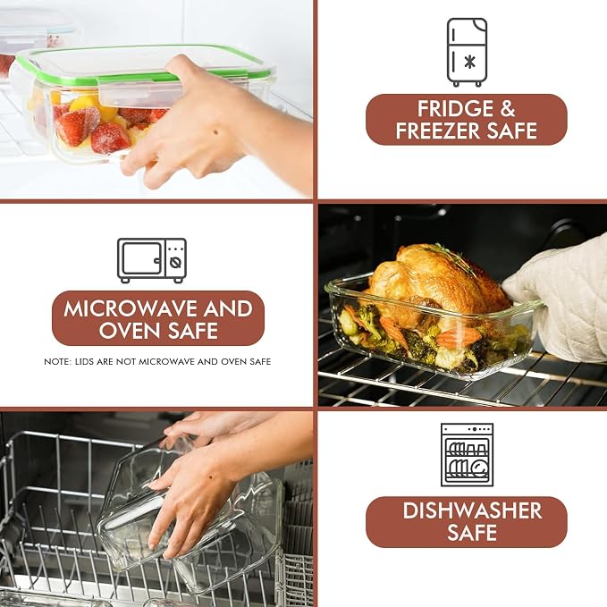 Razab 35 Pc Set Glass Food Storage Containers with Lids - Meal Prep Airtight Bento Boxes BPA-Free 100% Leak Proof (15 lids,15 glass & 5 Plastic Sauce/Dip Containers)