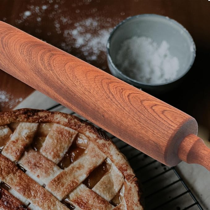 Classic Sapele Wooden Rolling Pin With Handles,Wood Baking Roller （17''L x 1.77"W)