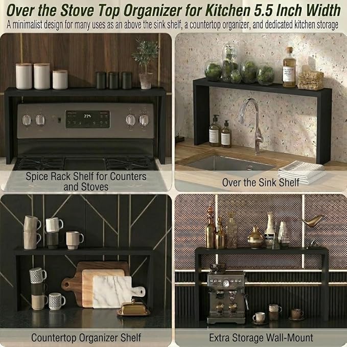 RELODECOR Over the Stove Spice Rack Shelf, Stove Top Organizer for Kitchen, 5.5 Inch Width (Ebony)