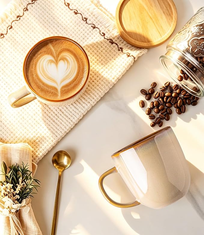 LERATIO Ceramic Coffee Mugs Set of 6,12oz Handmade Coffee Mugs Set with Large Handle for Cappuccino/Latte/Tea/Hot Cocoa, Dishwasher & Microwave Safe-Pale Kahki