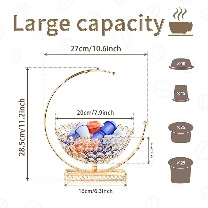 Metal & Crystal Coffee Pod Holder & Candy Basket - Elegant Multipurpose Storage Organizer for K Cups, Espresso Pods, Treats - Kitchen, Office, Home Bar (Gold, 2 PCS)