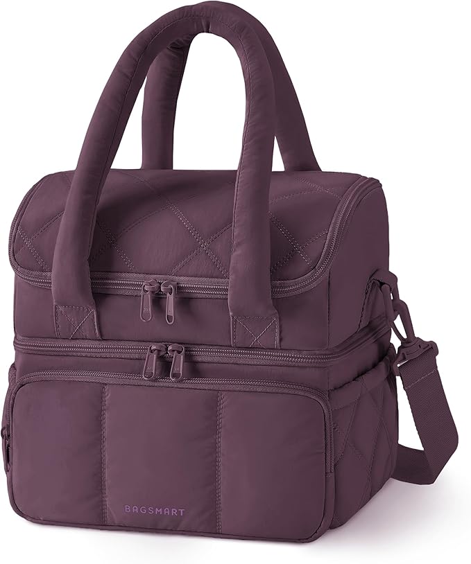 BAGSMART Lunch Bag Women, Double Deck Insulated Lunch Box, Quilted Puffer Lunch Tote, Leakproof, Durable & Reusable Large Lunch Cooler For Work Picnic Travel Meal Prep, Blackberry
