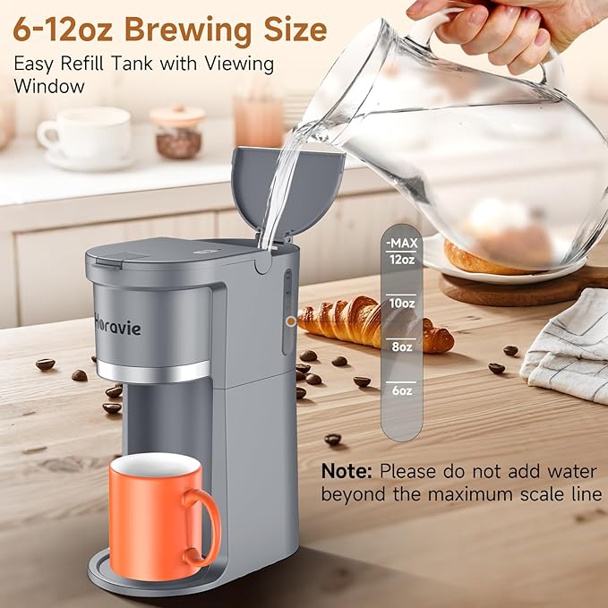 Horavie Small Single Serve Coffee Maker, Fast Brew One Cup Coffee Machine for K Cup and Grounds, 6 to 12 oz. Brew Sizes, Capsule Coffee Machine with Descaling Reminder and Viewing Tank, Grey