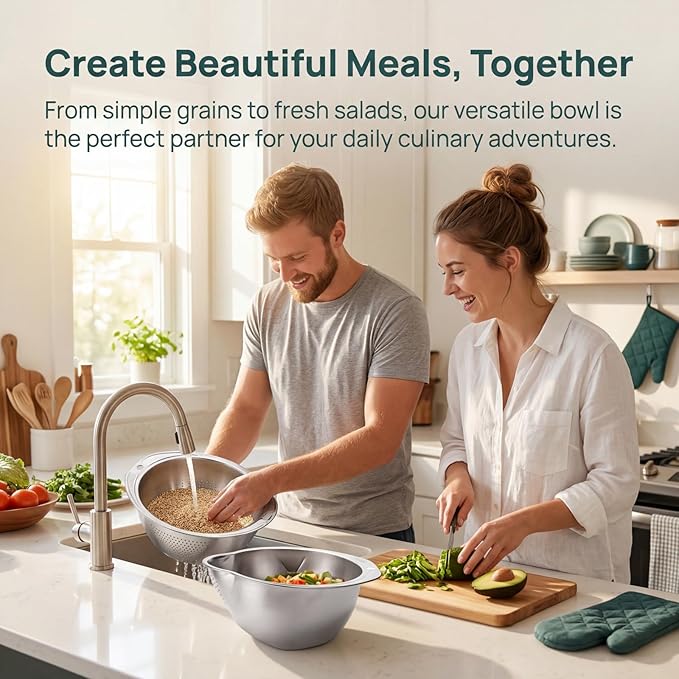 2 Pack Rice Washer Strainer Bowl, Stainless Steel Colander with Side Drainers for Quinoa, Fruit Kitchen Washing Bowl for Cleaning Vegetables, Beans, Pasta