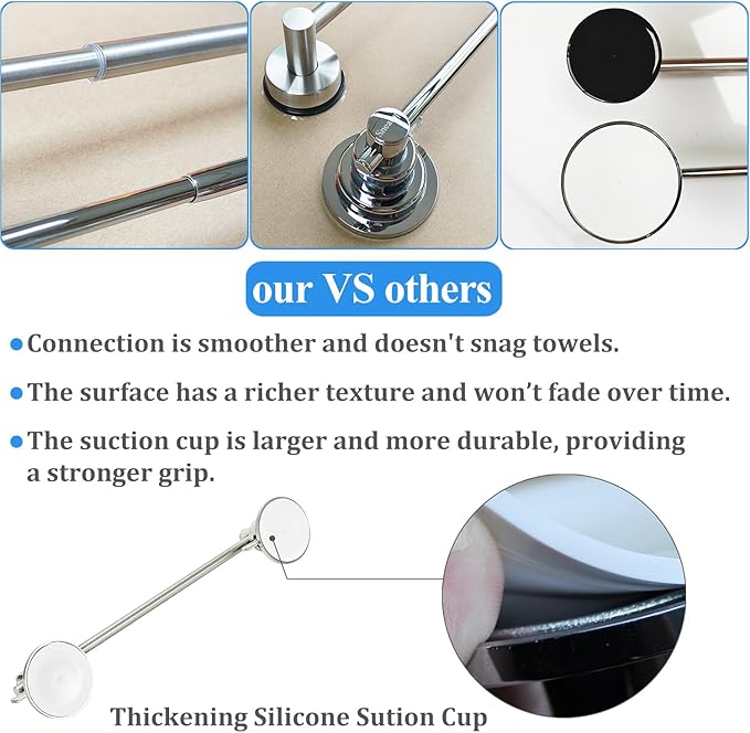 Sneatup Suction Cup Extendable 17-29" Stainless Steel Towel Bar (Brushed Nickel)