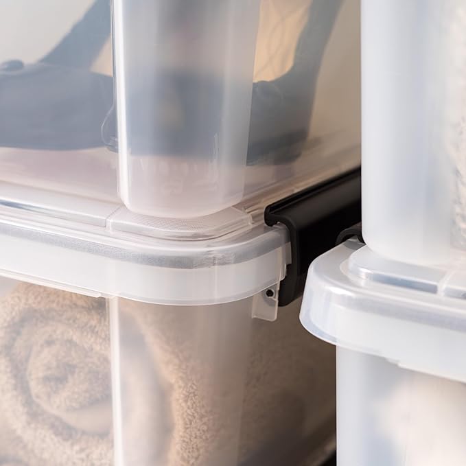 Clear Plastic Storage Bin with Airtight Latching Lid, Stackable Waterproof Organizer for Food, Office Supplies, and Household Items, Black Clasps
