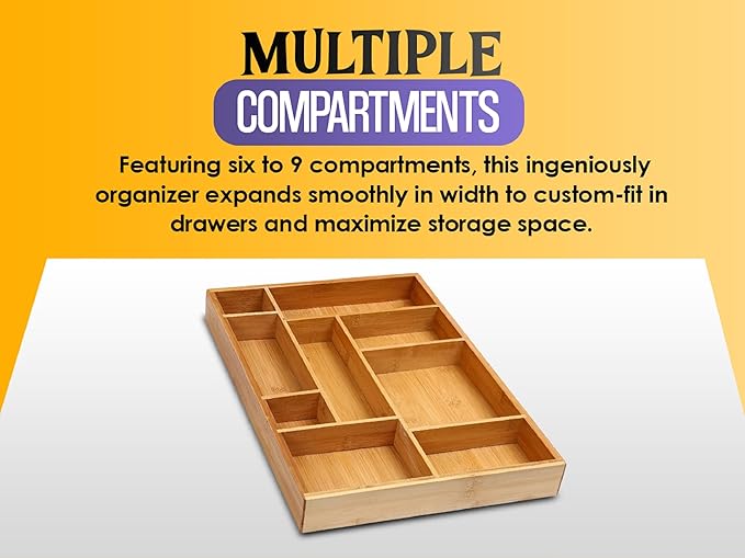 YBM Home & Kitchen Expandable 6-compartment Kitchen Utensil, Flatware, Cutlery Drawer Organizer Tray Size 18" width (12.5" wide closed), 17." Length, 2" Height. Item No.339