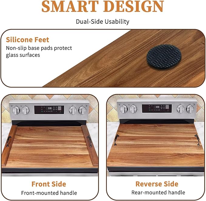 Noodle Board Stove Cover with Handles for Electric, Gas Stove Top (Acacia Wood)