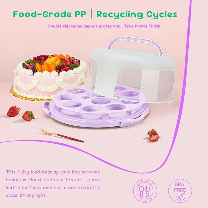 Cake Carrier With Lid And Handle, Bpa-Free Cake Holder With Lid For 10 Inch Round Cake Carrier With 10 pcs Round Golden Cake Boards And Portable Insulated Bag（Purple）