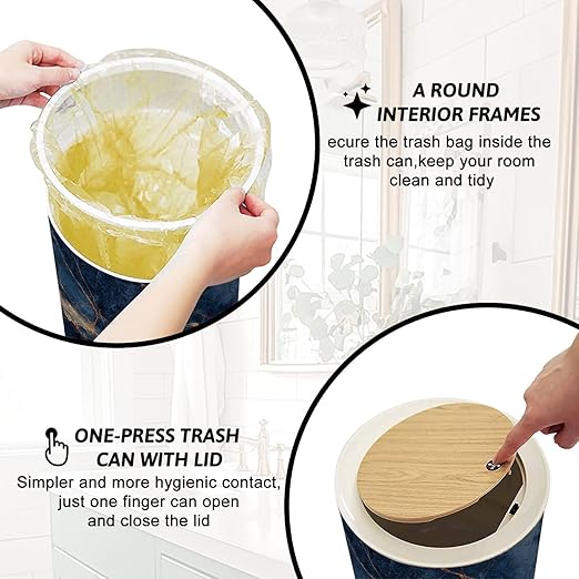 Trash Can with Lid Blue marble texture Italian marble slab golden veins Closeup surface Press Top Round Small Garbage Bin with Wooden Legs Waste Basket for Kitchen Bedroom Nursery 7L/1.8 Gallon