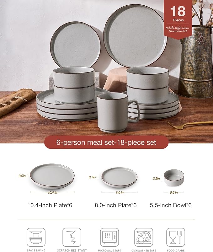 Famiware Nebula Ridge Stoneware Dinnerware Sets for 6, Plates and Bowls Sets, 18 Pieces Dishes Set, Microwave and Dishwasher Safe Kitchen Plates, Light Gray