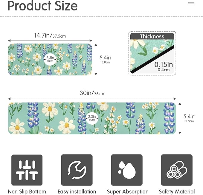 Kitchen Sink Splash Guard 2 PCS 30 Inch Sink Faucet Mat Splash Guard for Bathroom Countertop Water Absorbent Foldable Cuttable Soft Washable Cute Green Bluebonnet and Daisies