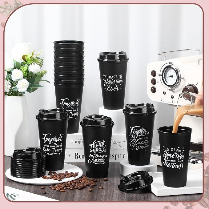 Pickmesh 60 Pcs Employee Appreciation Gifts Bulk 16 oz Plastic Tumblers with Lids Graduation Teacher Appreciation Gifts Reusable Coffee Cups for Staff Volunteer Coworker Team (Black)