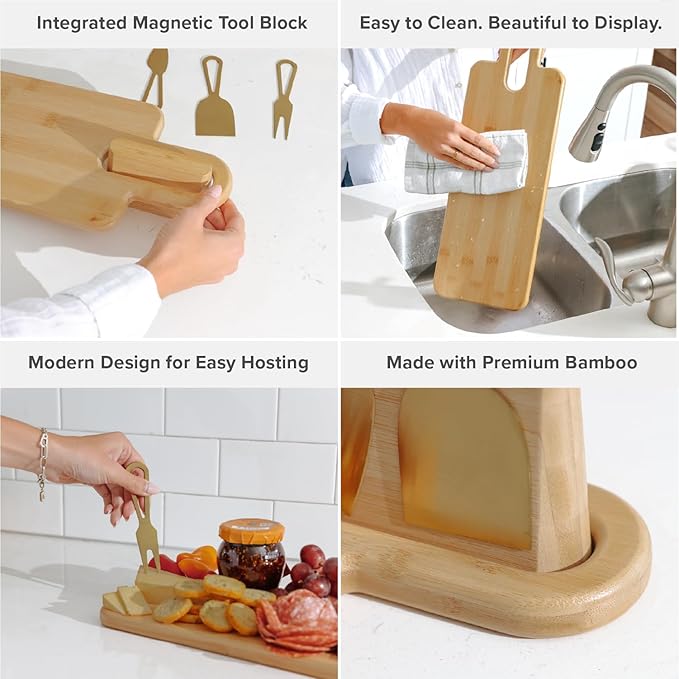 Premium Charcuterie Board Set – Kitchen Edge Long Bamboo Cheese Serving Board with Handle & Magnetic Utensil Block, 21in x 7in, Includes 3 Gold Cheese Utensils, Perfect for Entertaining & Gifting