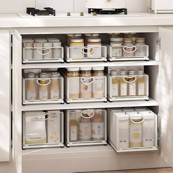 2 Pack Pull Out Cabinet Organizer, No Drill Adhesive Sliding Drawers for Kitchen, Metal Mesh Wire Storage Shelf for Pantry & Under Sink, White (9.6" W x 11.8" D x 3.9" H)