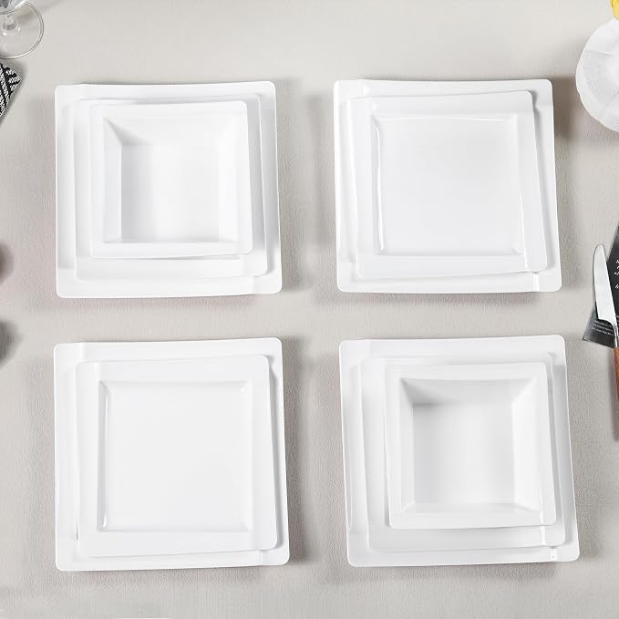 Square Melamine Dinnerware Sets of 12 Pcs,Square Plates and Bowls Sets,Unbreakable Dish Set for 4,Lightweight, Dishwasher Safe and BPA Free,Suit for RV,Camping（White）