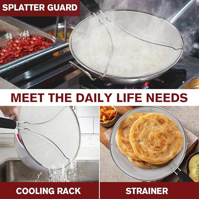 Splatter Screen for Cooking, Perforated Stainless Steel,13 Inch Stainless Steel Grease Splatter Guard, Comfortable Grip, Shield from Splashing Oil