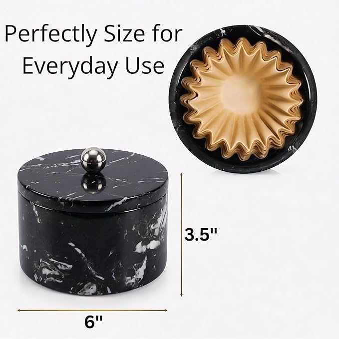 Marble Coffee Filter Holder – 6 inch Handmade Black Coffee Filter Holder with Lid, Storage Organizer for Kitchen Countertop & Bar Decor