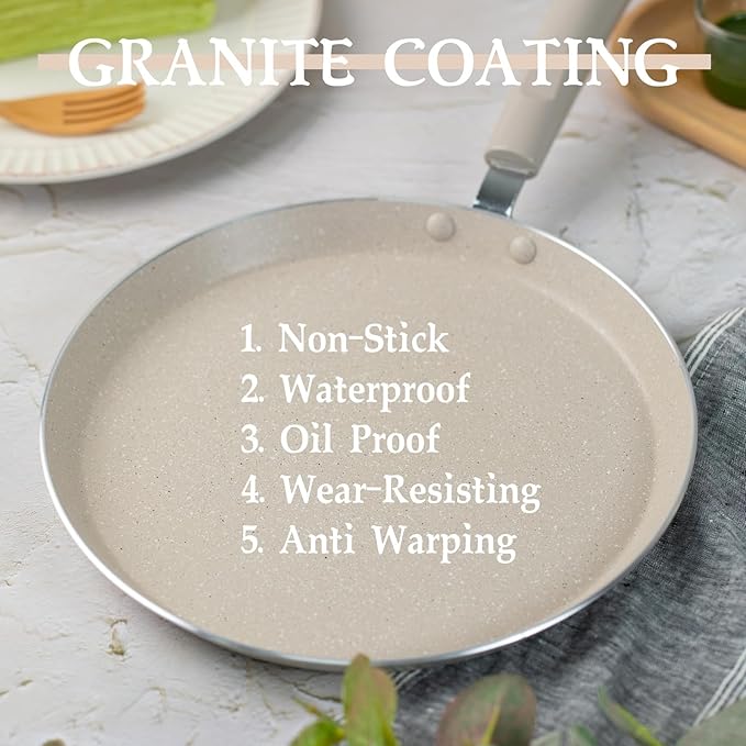 9 Inch Crepe Pans with Spreader & Spatula, 2 Set Nonstick Granite Coating Dosa Pan, Aluminum Alloy Pancake Flat Skillet Tawa Griddle, Stay-Cool Handle, Induction Compatible Bottom