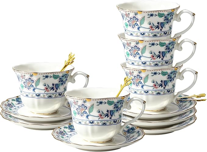TATSUMI Bone China Tea Cup and Saucer Set (Purple, 6 set)