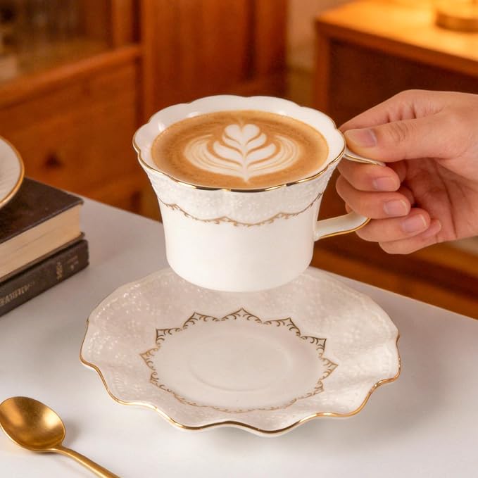 KAMMAK Tea Cups and Saucers Set of 2, 6.4oz Porcelain Coffee Cups with Saucers, Ceramic Espresso Mugs for Coffee, Latte, Americano, Tea, Elegant Teacup and Saucer (YFH16)