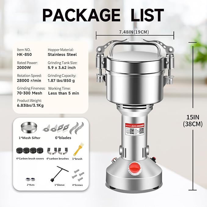 850g Grain Grinder 2800W Electric Spice Grinder High-Speed Stainless Steel Flour Mill Suitable for Coffee/Corn/Pepper/Herbs/Wheat/Rice