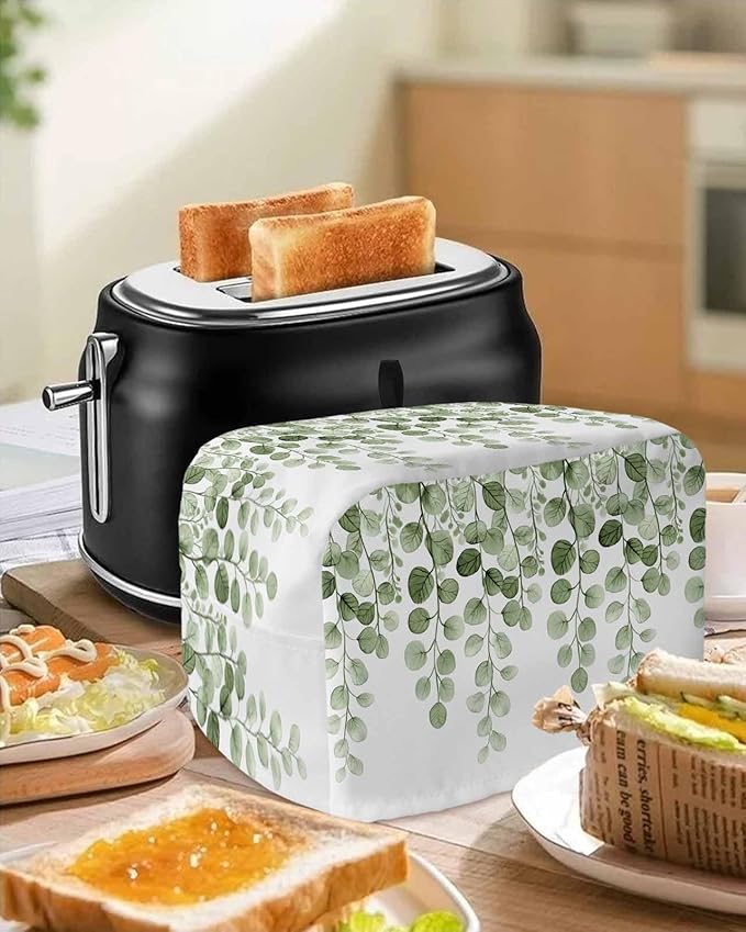 Sage Green Eucalyptus Leaves Toaster Cover 2 Slice, Spring Botanical Dustproof Bakeware Oven Protector with Top Hook, Country Waterproof Small Kitchen Appliance Toasters Dust Cover, 11"x6"x8"
