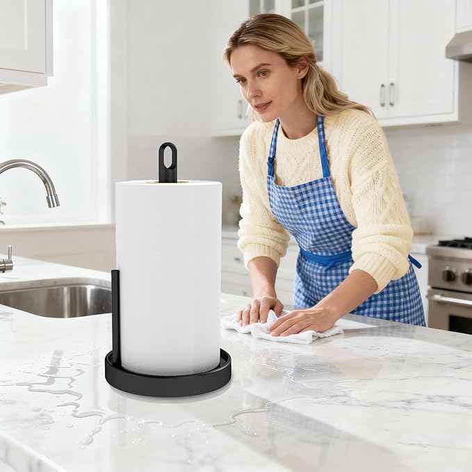 STWWO Paper Towel Holder Countertop, Black Paper Towel Holder with Anti Slip Weighted Base, Stainless Steel Heavy Duty Freestanding Papertowel Holder for Bathroom, Kitchen Roll Holder