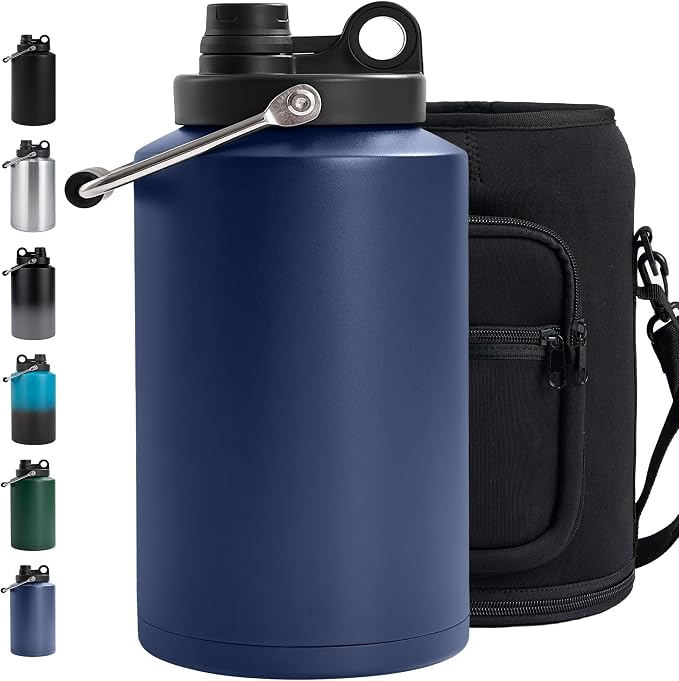 Insulated Gallon Jug with Handle, One Gallon, 128oz Stainless Steel, Large Double Vacuum Water Bottle for Cold Drinks, Wide Mouth, Sweat Proof, Carrier bag, Great for Travel, Camping, Dark Blue
